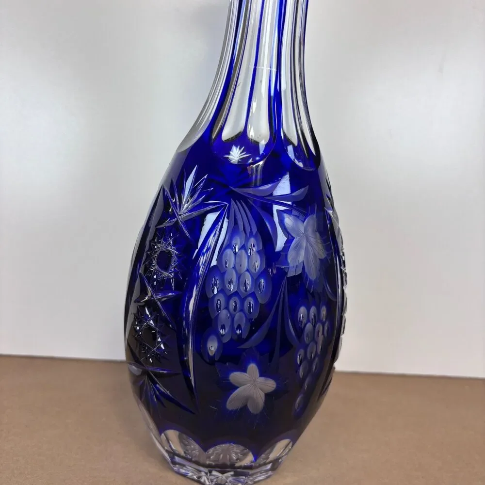 Tall Cobalt Blue Cut to Clear Crystal Decanter w/ Stopper 15” Bohemian Vintage